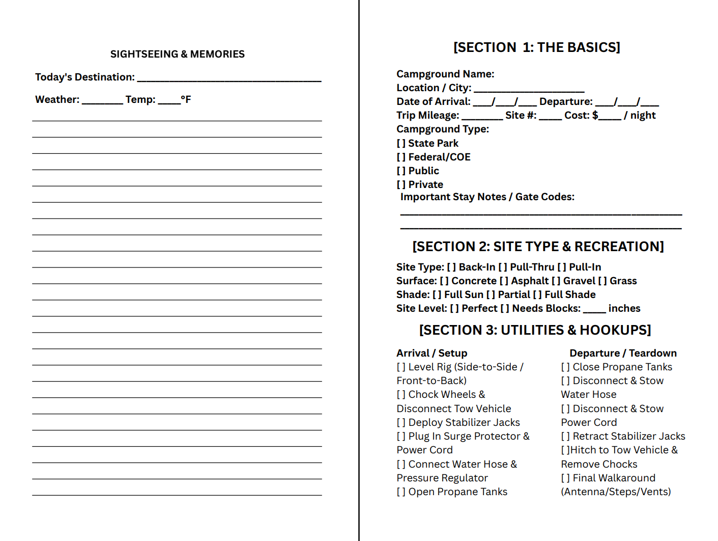 RV Logbook Interior Page Layout Template